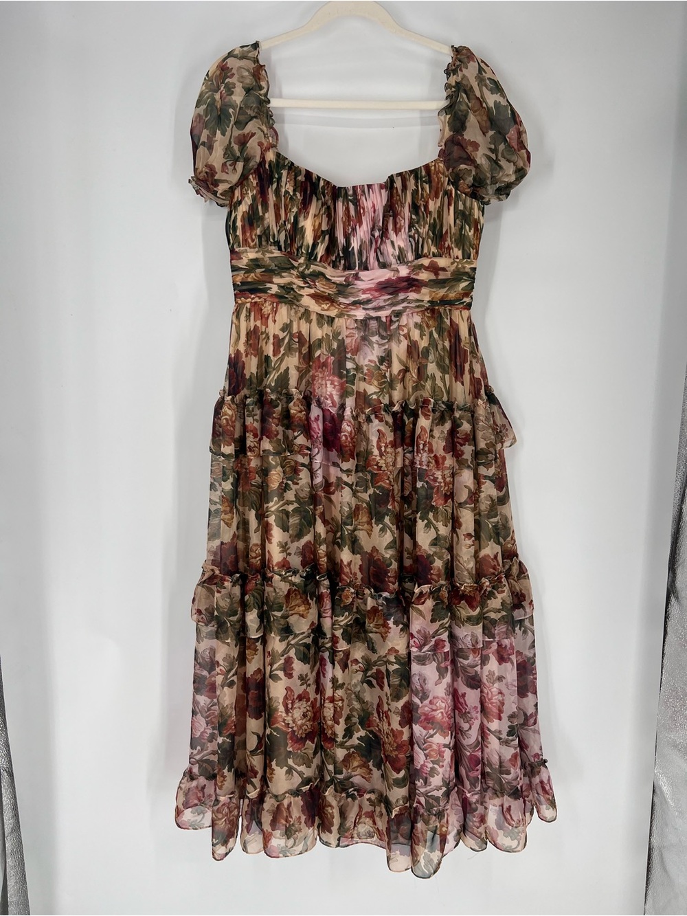 Mac Duggal Brown Pink Chiffon Puff Sleeve Floral Formal Ruffle Midi Dress Gown